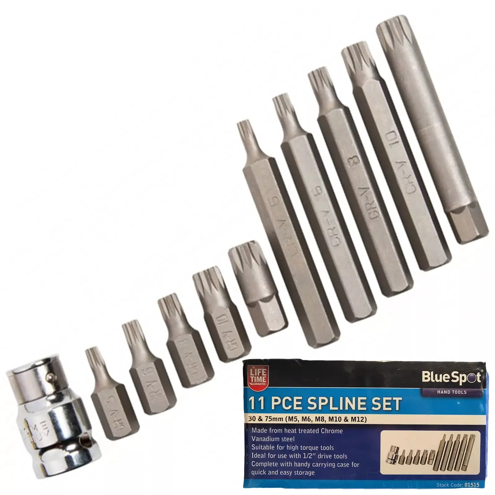 BlueSpot 11 Piece Spline Driver Bit Set M5-M12 1/2" Drive Adaptor