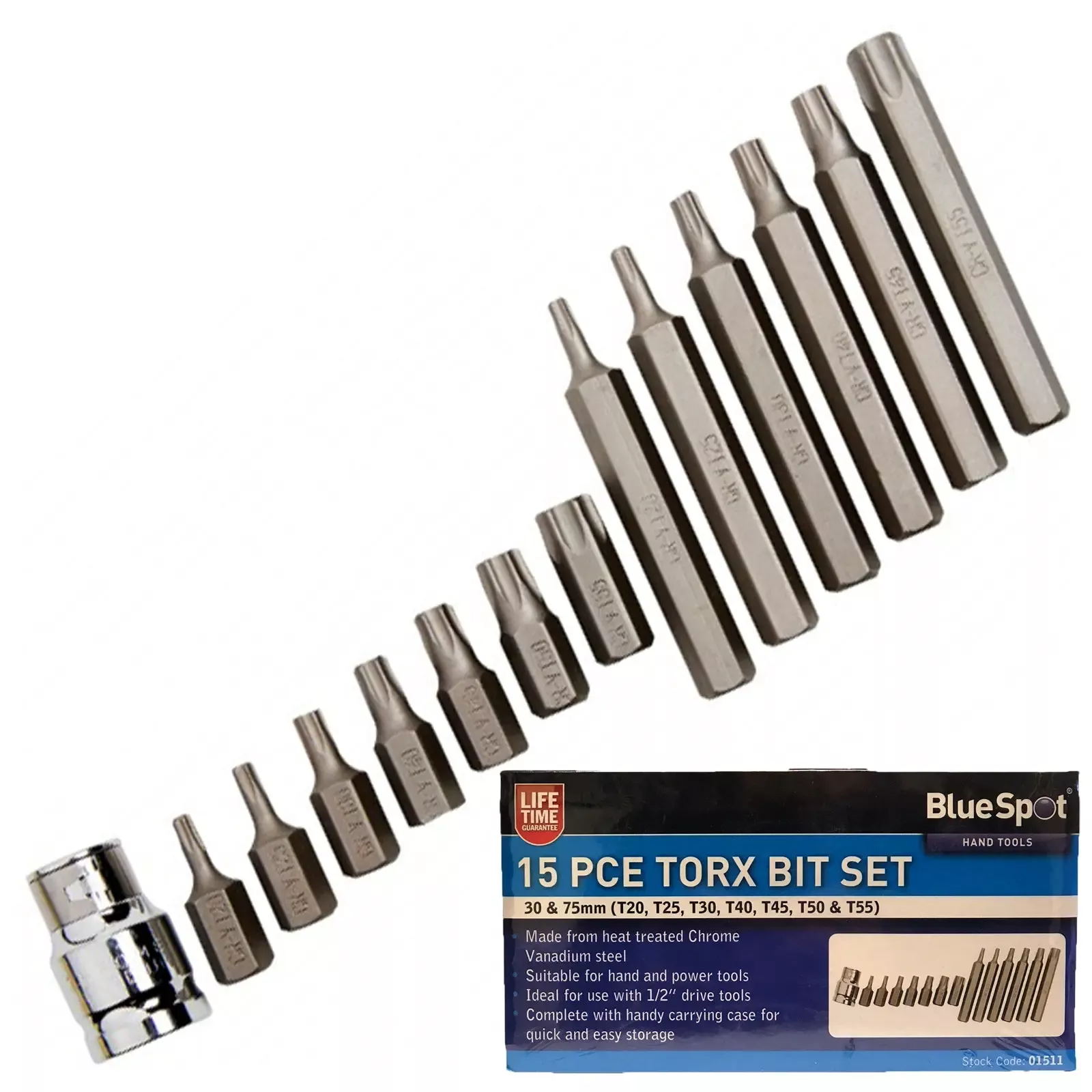 BlueSpot 15 Piece Torx Driver Bit Set T20-T55 1/2" Drive Adaptor