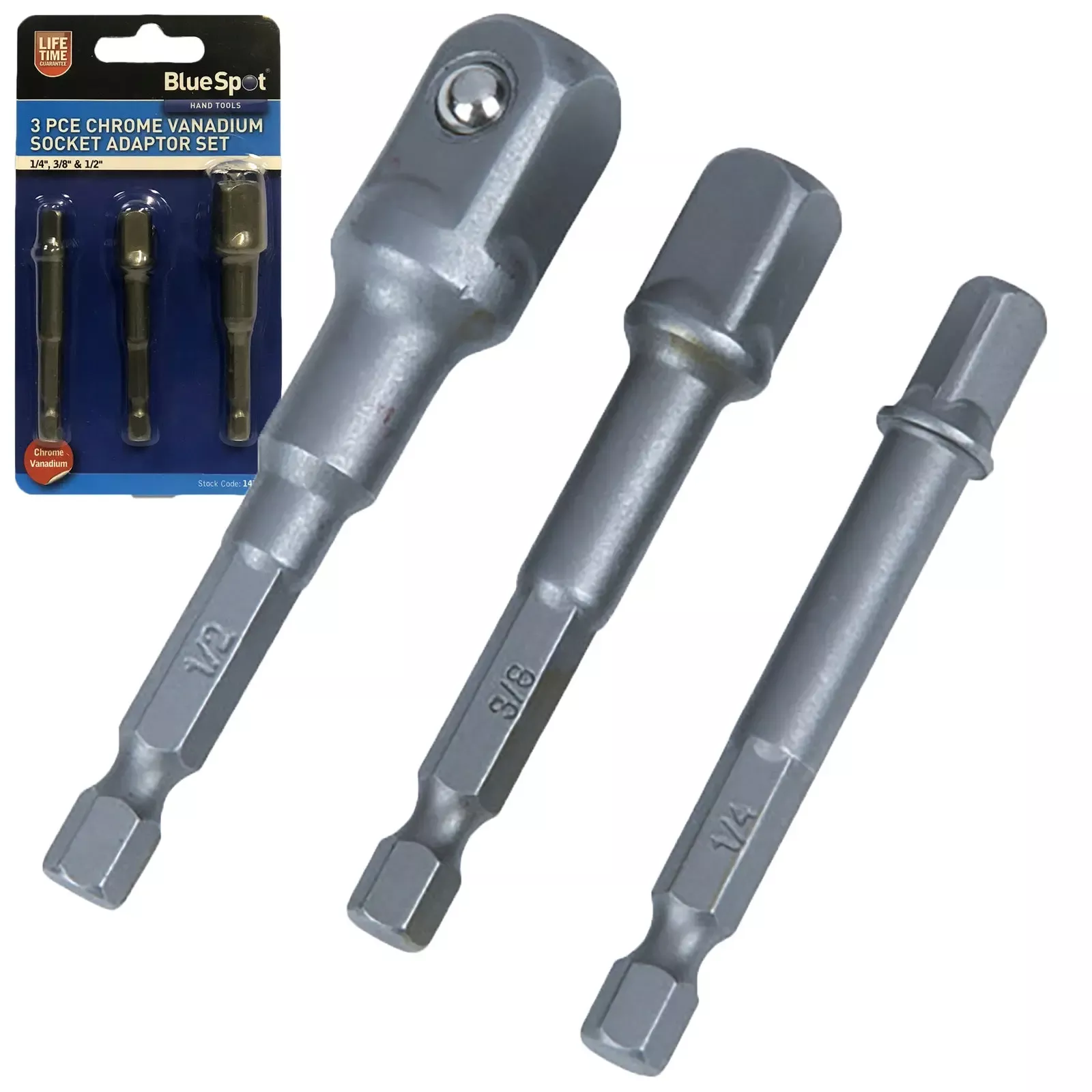 BlueSpot 3 Piece 1/4" Hex Socket Adaptor Set 1/4" 3/8" 1/2" Drive