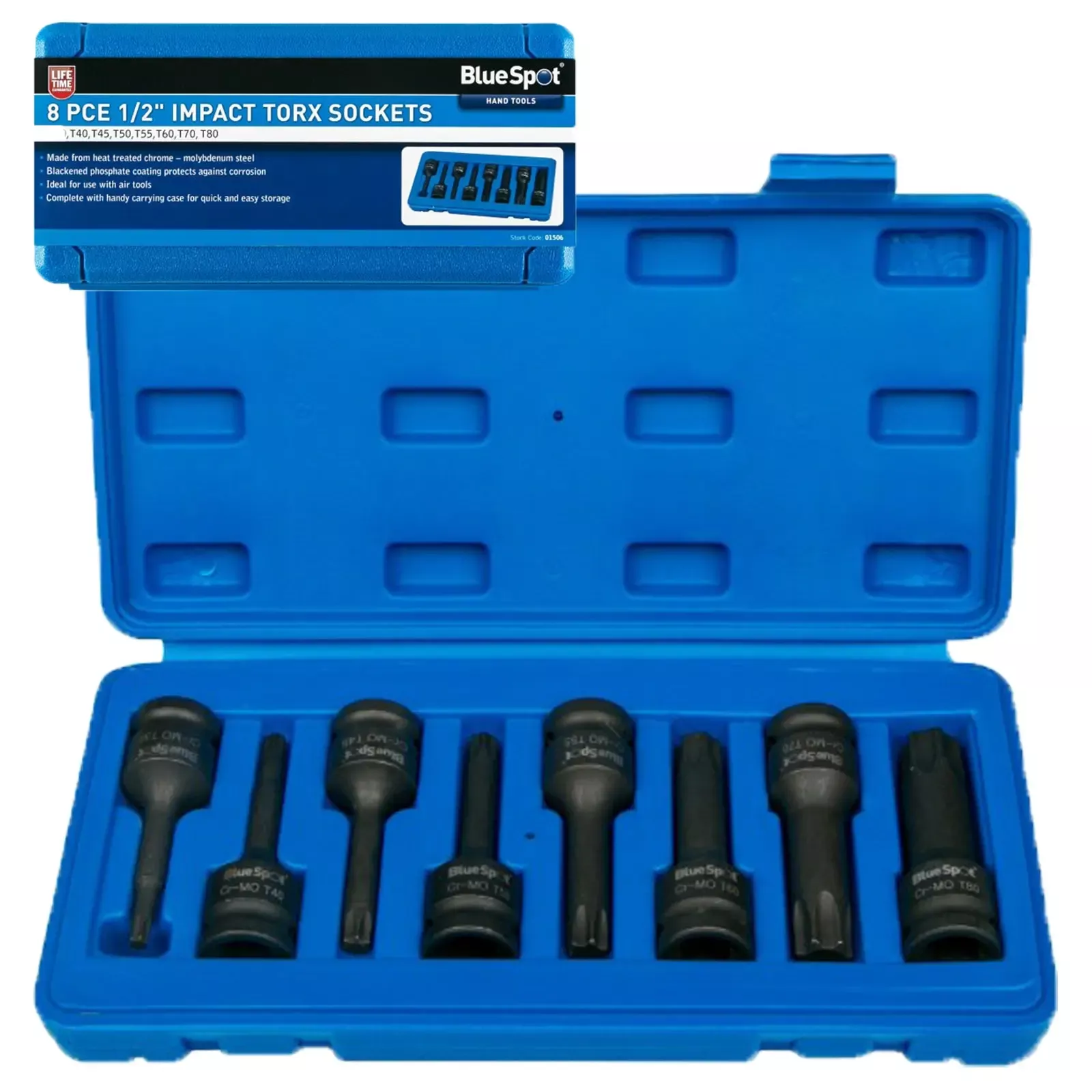 BlueSpot 8 Piece 1/2" Drive Impact Torx Socket Set T30-T80
