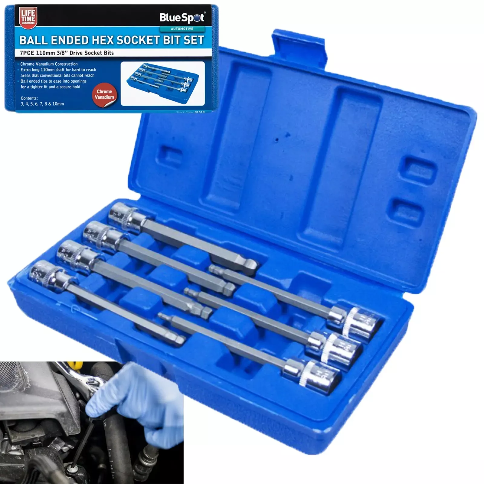 BlueSpot Ball End Hex Socket Bit Set Extra Long 7 Piece 110mm 3/8" Drive 3-10mm