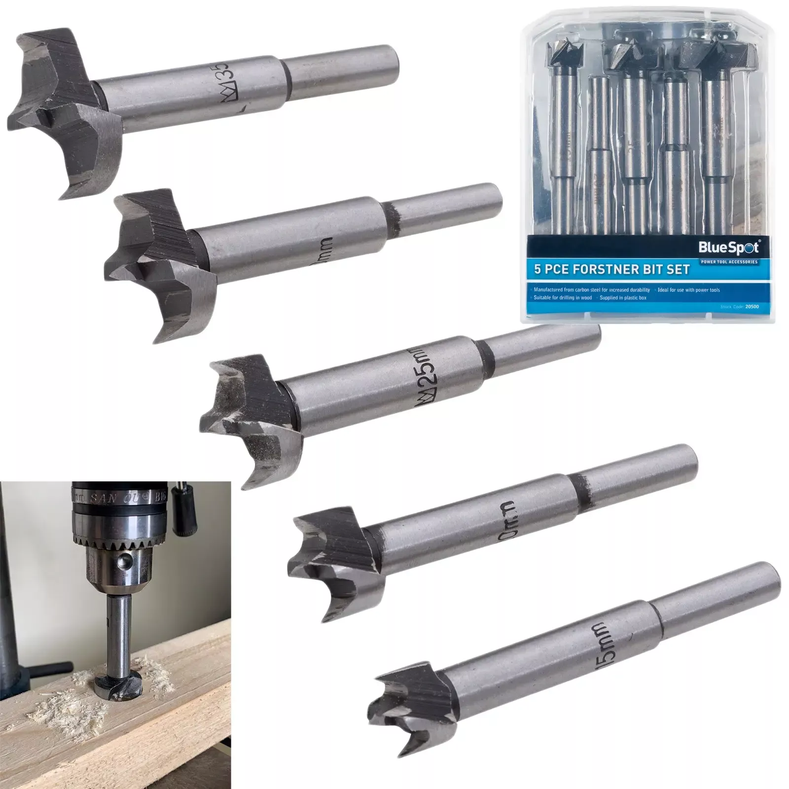 BlueSpot Forstner Wood Drill Bit Set 5 Piece Metric 15-35mm