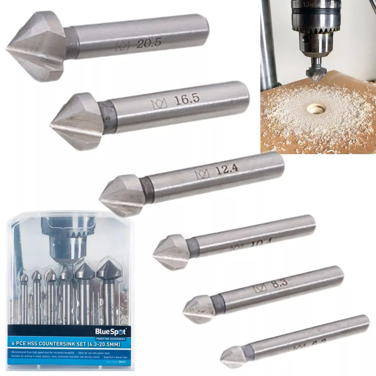 BlueSpot HSS Countersink Set 6 Piece 6.3mm-20.5mm for Wood Metal Plastics