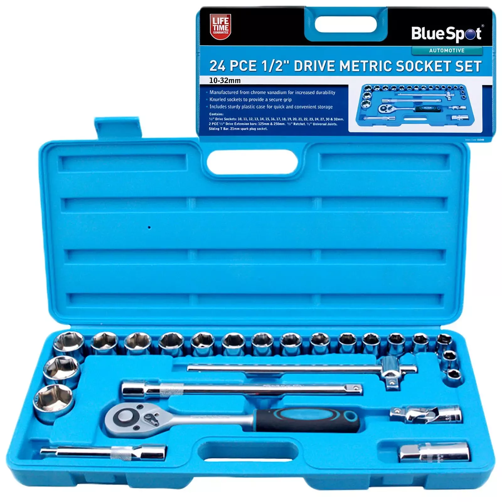 BlueSpot Metric Socket Set 1/2" Drive 24 Piece 10-32mm Plastic Storage Case