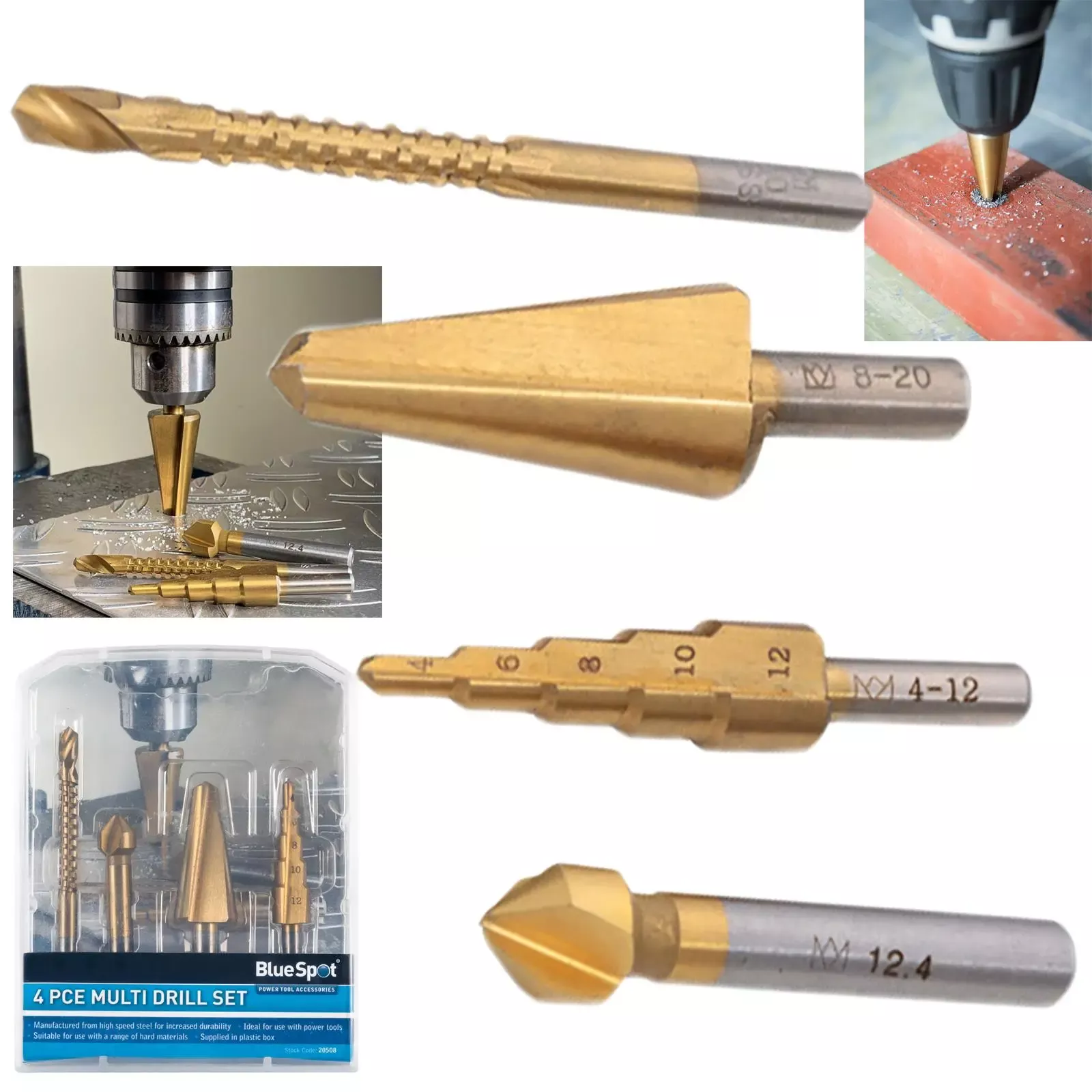 BlueSpot Multi Drill Set 4 Piece Countersink Step Taper Saw Bits