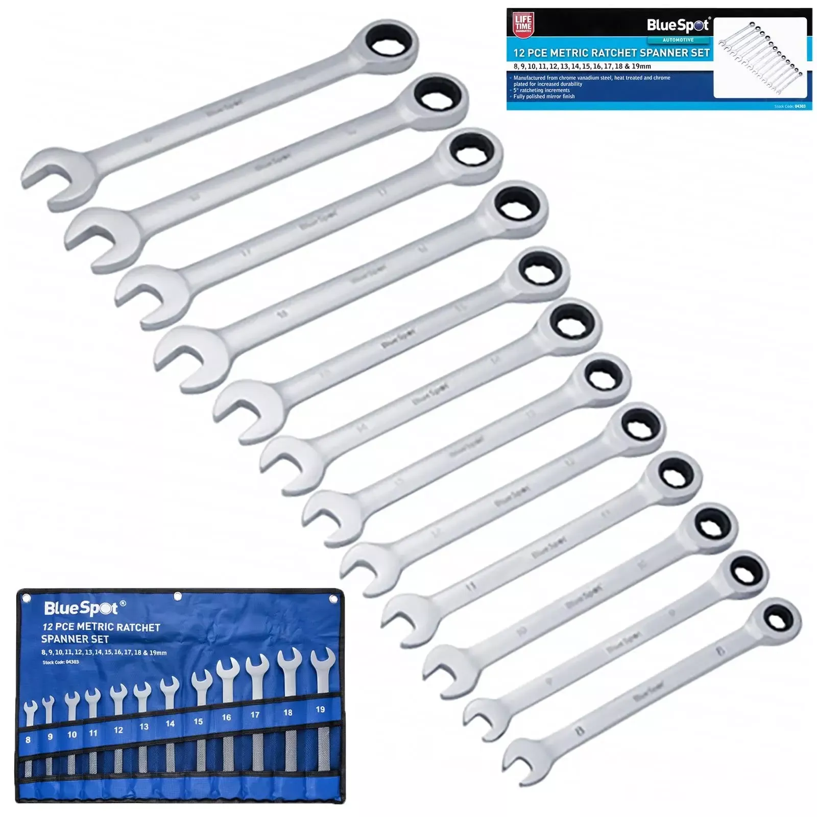 BlueSpot Ratchet Spanner Set 12 Pieces Metric 8-19mm in Tool Roll