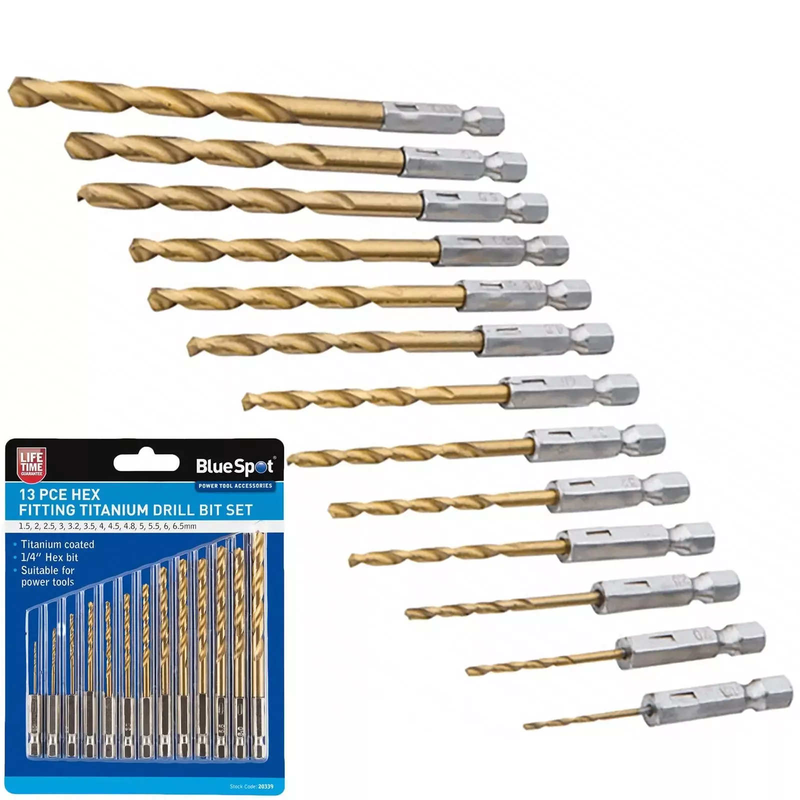 BlueSpot Titanium Drill Bit Set 13 Piece1.5-6.5mm Hex Shank