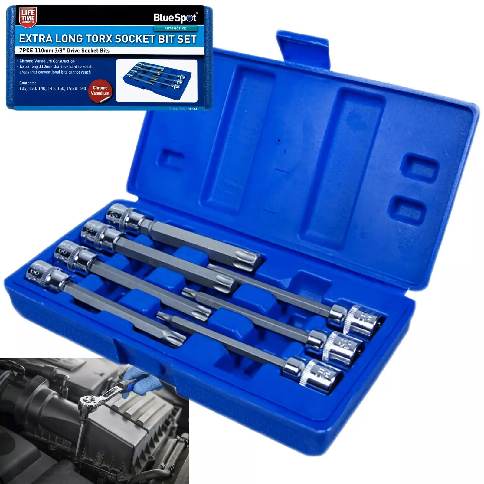 BlueSpot Torx Socket Bit Set Extra Long 7 Piece 110mm 3/8" Drive T25-T60