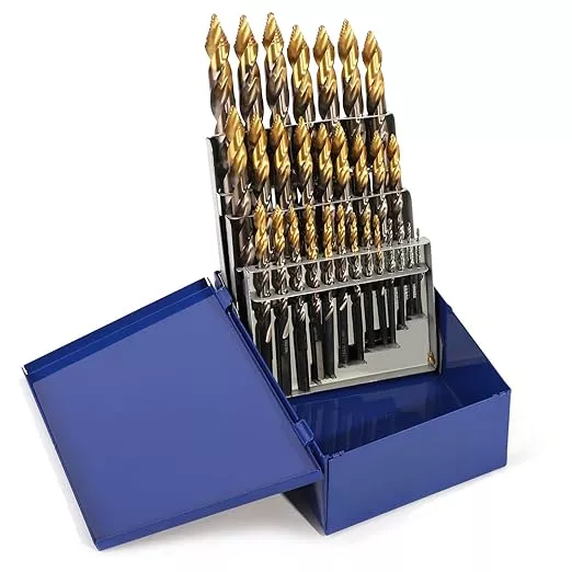 COMOWARE 29Pcs Stepped Point Drill Bit Set, 1/16" – 1/2" Drill Bit Index, HSS M2 Jobber Drills Bits, No Pre-Drilling, Titanium-Coated, 3-Flat Shank, Drills Bits Set for Metal/Plastic/Acrylic/Wood