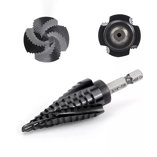 COMOWARE M35 Cobalt Step Drill Bit, 4 Spiral Flute, Step bit with 3/8" Hex Shank, 12 Sizes (3/16" to 7/8"), Steps bits for Metal, Stainless Steel, Aluminum/Wood/Plastic, Unibit for Electricians & DIY