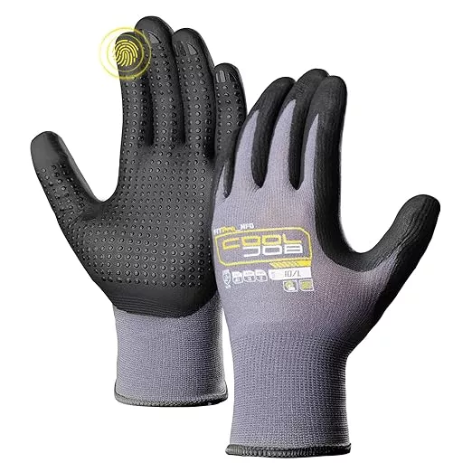 COOLJOB 36 Pairs Nitrile Rubber Dipped Safety Work Gloves with Grip Dots, Seamless Knit Nylon Gloves with 2 Fingers Touchscreen, Non-slip Coated for Warehouse, Home Improvement, Yard, Grey Small