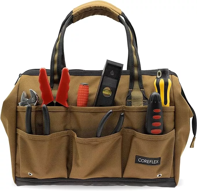 Coreflex 14 inch Wide-Mouth Tool Bag, Gear Bag, Multiple Purpose - for Plumbers, Electricians, Handymen also good for daily use, office use and camping. (Tan)