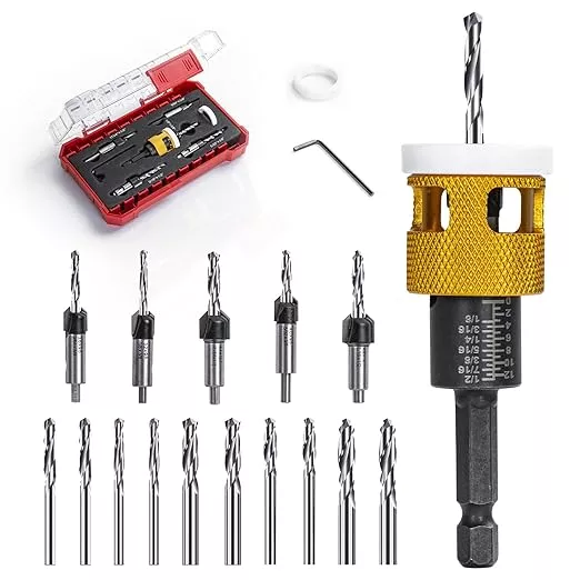 Countersink Drill Bit Set for Wood,17 PCS Counter Sink Drill Bit with 15PCS HSS Tapered Drill Bits and 1/4" Hex Shank Quick Change for Woodworking with Storage Box