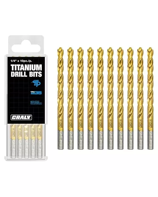 CRALY 1/4 Inch 10-Pc Cobalt Drill Bit Pack, M35 HSS Titanium Coated Jobber Length Twist Drill Bits, Dash Tip & 135 Degree Split Point, 3-Flat Shank, for Hard Metal, Stainless Steel, Cast Iron, Plastic