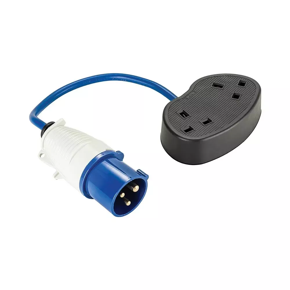 Defender 230V Fly Lead Converter 16A Plug to 2 Gang 13A Socket Caravan Generator