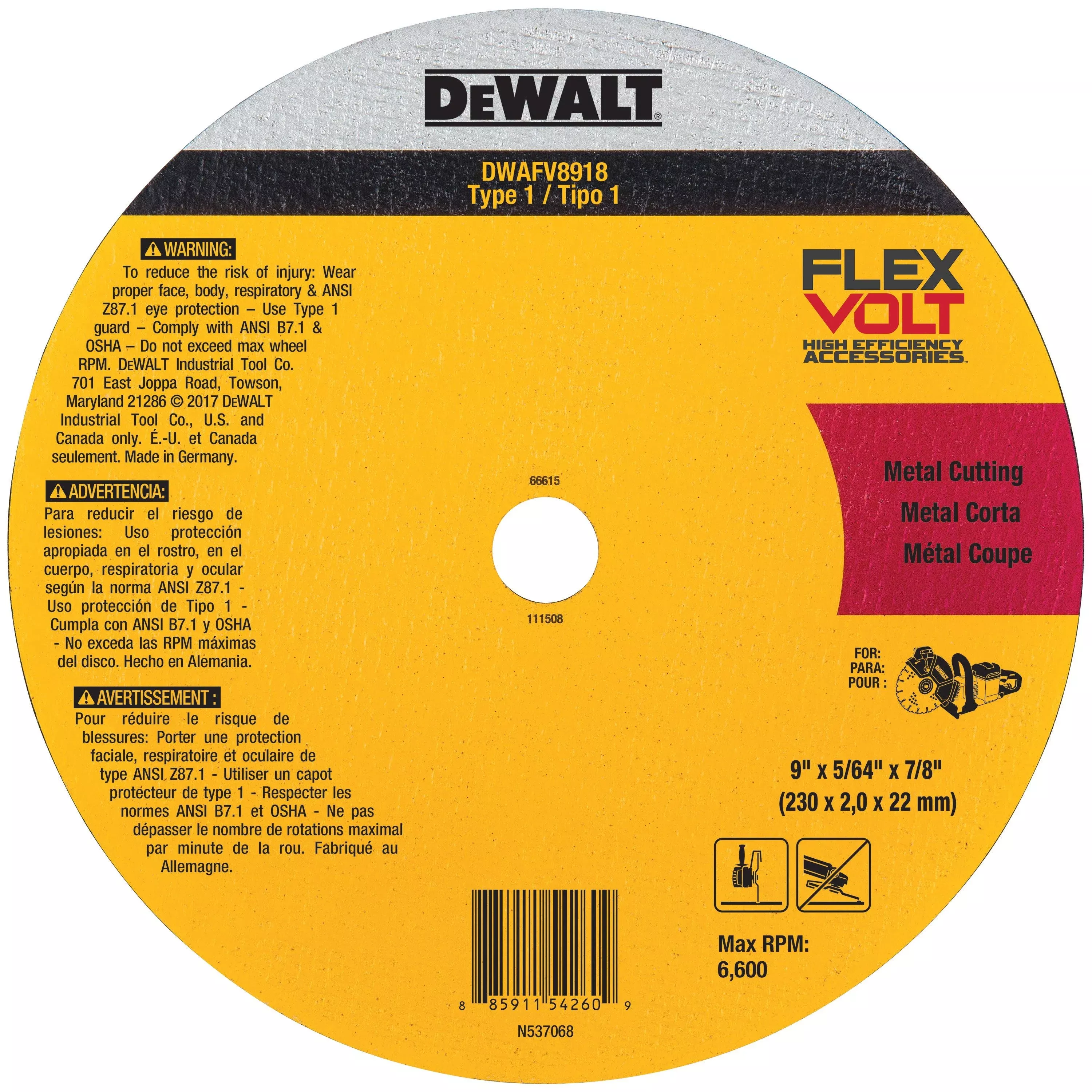 DeWalt 9" x 5/64" x 7/8"T1 FLEXVOLT Cutoff Wheel DWAFV8918
