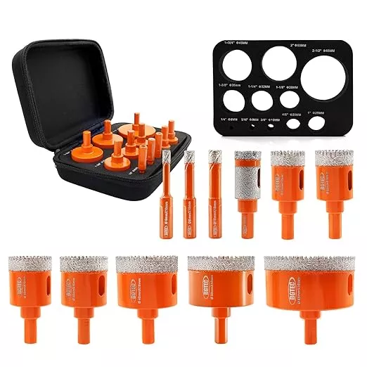 Diamond Core Drill Bit Kit BGTEC Diamond Hole Saw Tile Cutter,Triangle Shank 10pcs 6/8/10/20/25/28/32/35/45/65mm Drill Bits+1pc 2" Hex Shank Chamfer Bit