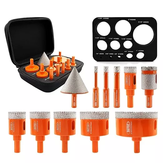 Diamond Core Drill Bit Kit BGTEC Hole Saw Tile Cutter,Triangle Shank 9pcs 6/8/10/20/28/32/35/45/65mm Drill Bits+1pc 25mm Drilling Finger Bit+1pc 2" Hex Shank Chamfer Bit