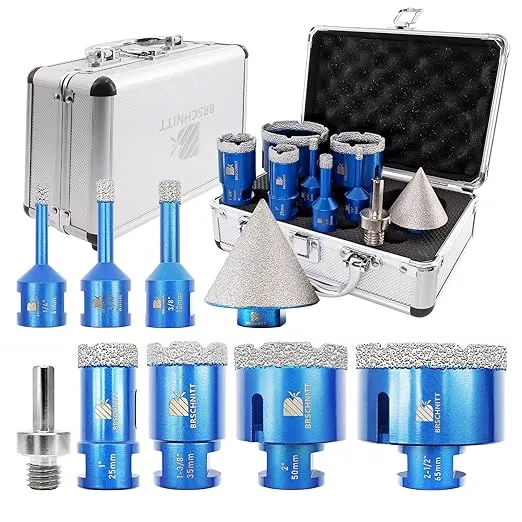 Diamond Core Drill Bit Set - BRSCHNITT 1/4" 5/16" 3/8" 1" 1-3/8" 2" 2-1/2"Diamond Tile Hole Saw Kit for Drilling Porcelain Tile Ceramic Marble Granite,2" Diamond Chamfer Bit&Adapter