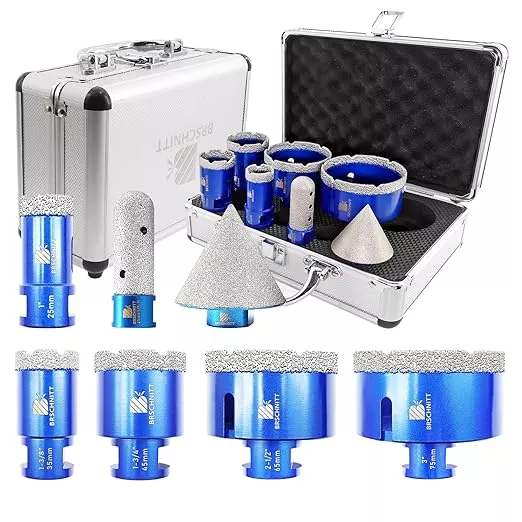 Diamond Drill bits kit for Porcelain Porcelain Tile Ceramic Marble Brick Concrete Vacuum Brazed Hole Saw (25/35/45/65/75mm+20mm Finger Bits+50mm Beveling Chamfer Bit)