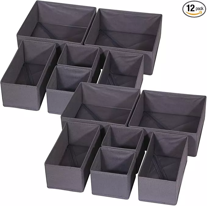DIOMMELL 12 Pack Foldable Cloth Storage Box Closet Dresser Drawer Organizer Fabric Baskets Bins Containers Divider for Baby Clothes Underwear Bras Socks Lingerie Clothing,M Grey 444