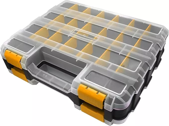 Double Side Tool Box Organizer, Hardware Storage Box, Portable Small Parts Organizer with Removable Plastic Dividers for Screws, Nuts, Nails, Bolts, Grey