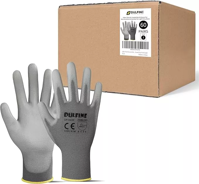 DULFINE Safety Work Gloves for Men PU Coated 60 Pairs Bulk Pack,Grey Seamless Knit Glove with thin Polyurethane Coated Smooth Grip on Palm & Fingers,Ideal for General Duty Work (Extra Large)