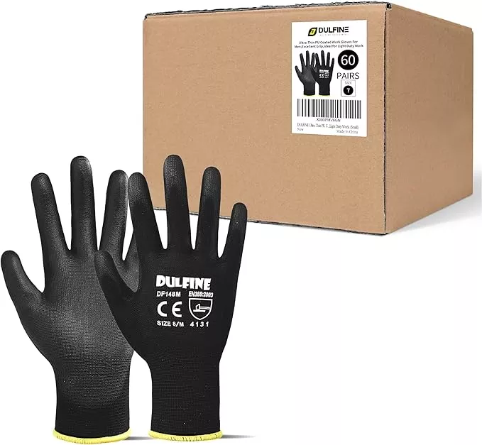 DULFINE Ultra-Thin PU Coated Work Gloves-60 Pairs,Excellent Grip,Nylon Shell Black Polyurethane Coated Safety Work Gloves, Knit Wrist Cuff,Ideal for Light Duty Work. (Extra Large)