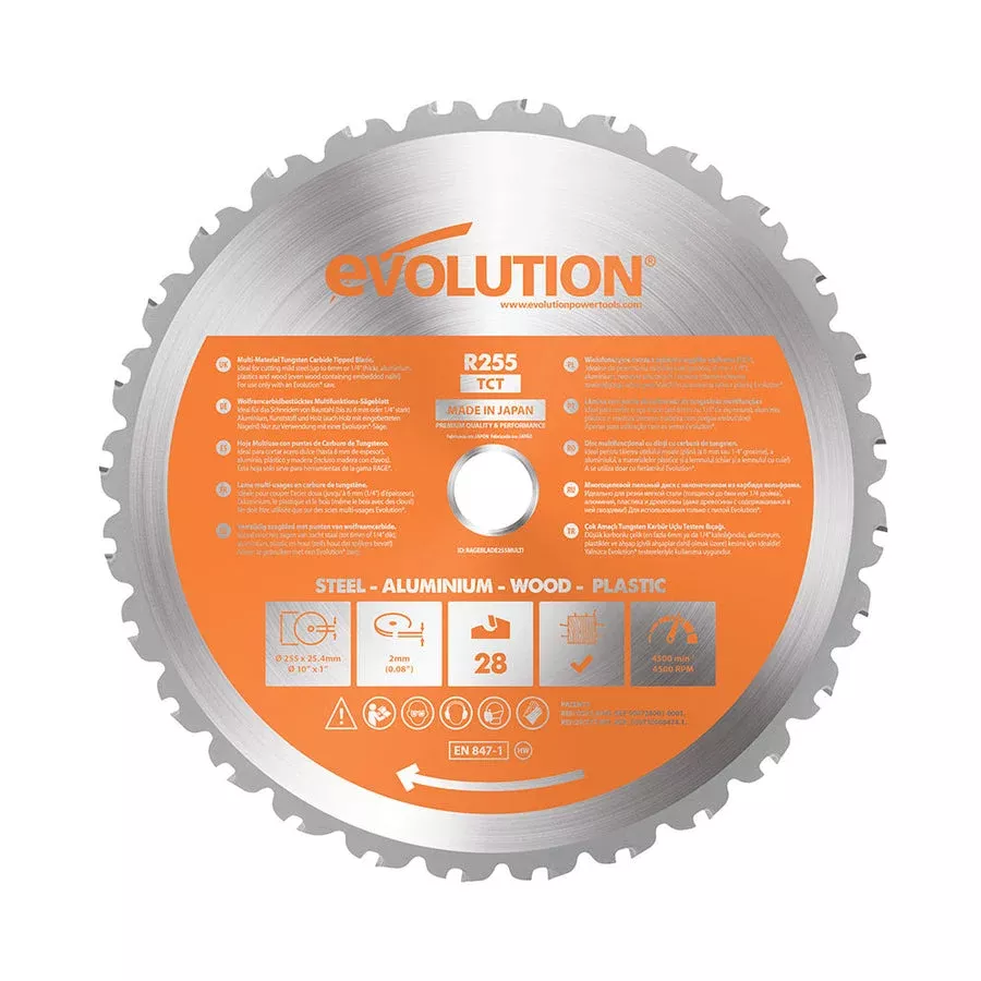 EVOLUTION 10" 28T, 1" Arbor, Tungsten Carbide Tipped Multi-Material Cutting Blade