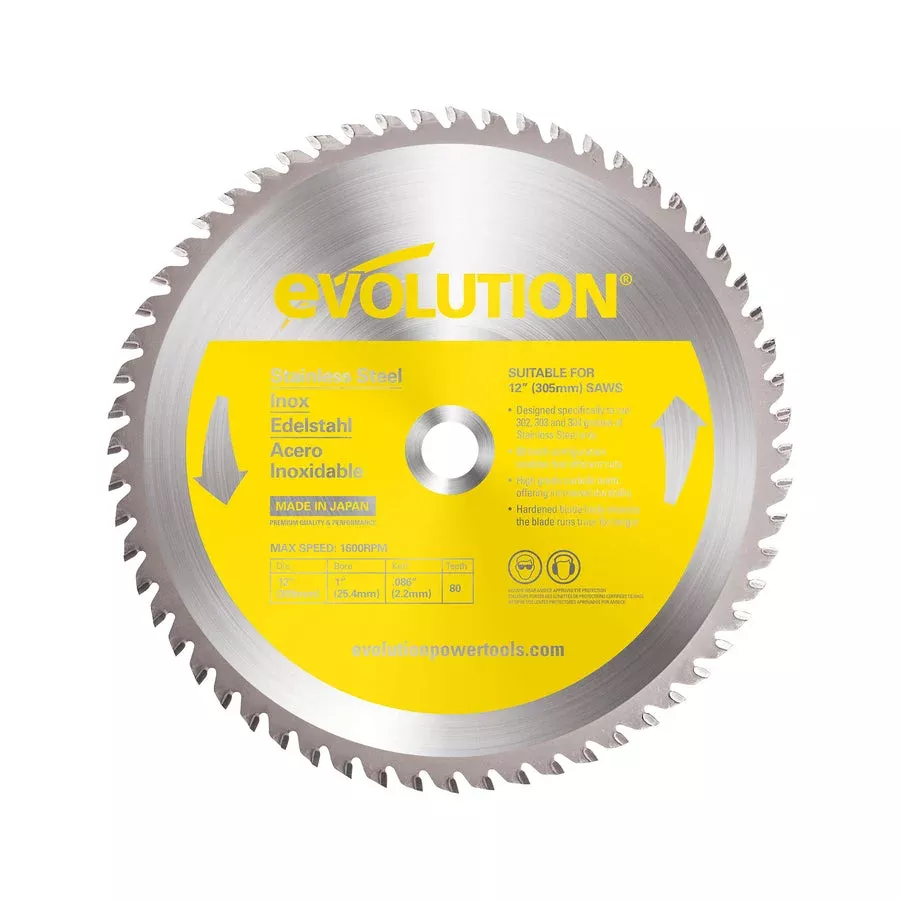 EVOLUTION 12" 80T, 1" Arbor, Tungsten Carbide Tipped Stainless Steel Cutting Blade