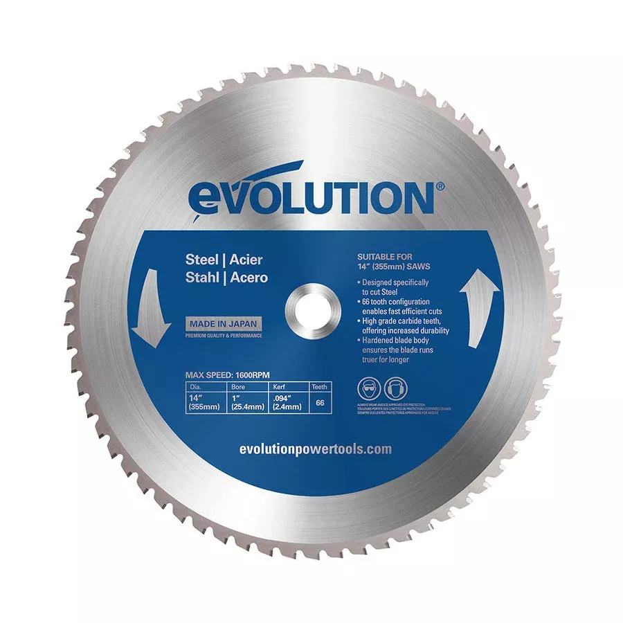 EVOLUTION 14" 66T, 1" Arbor, Tungsten Carbide Tipped Mild Steel & Ferrous Metal Blade