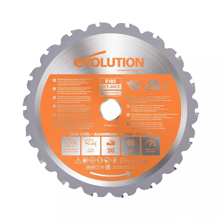 EVOLUTION 7-1/4" 20T, 25/32" Arbor, Tungsten Carbide Tipped Multi-Material Cutting Blade (Circular Saw & Chop Saw Blade)