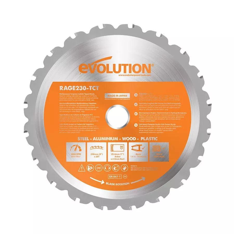 EVOLUTION 9" 26T, 1" Arbor, Tungsten Carbide Tipped Multi-Material Cutting Blade
