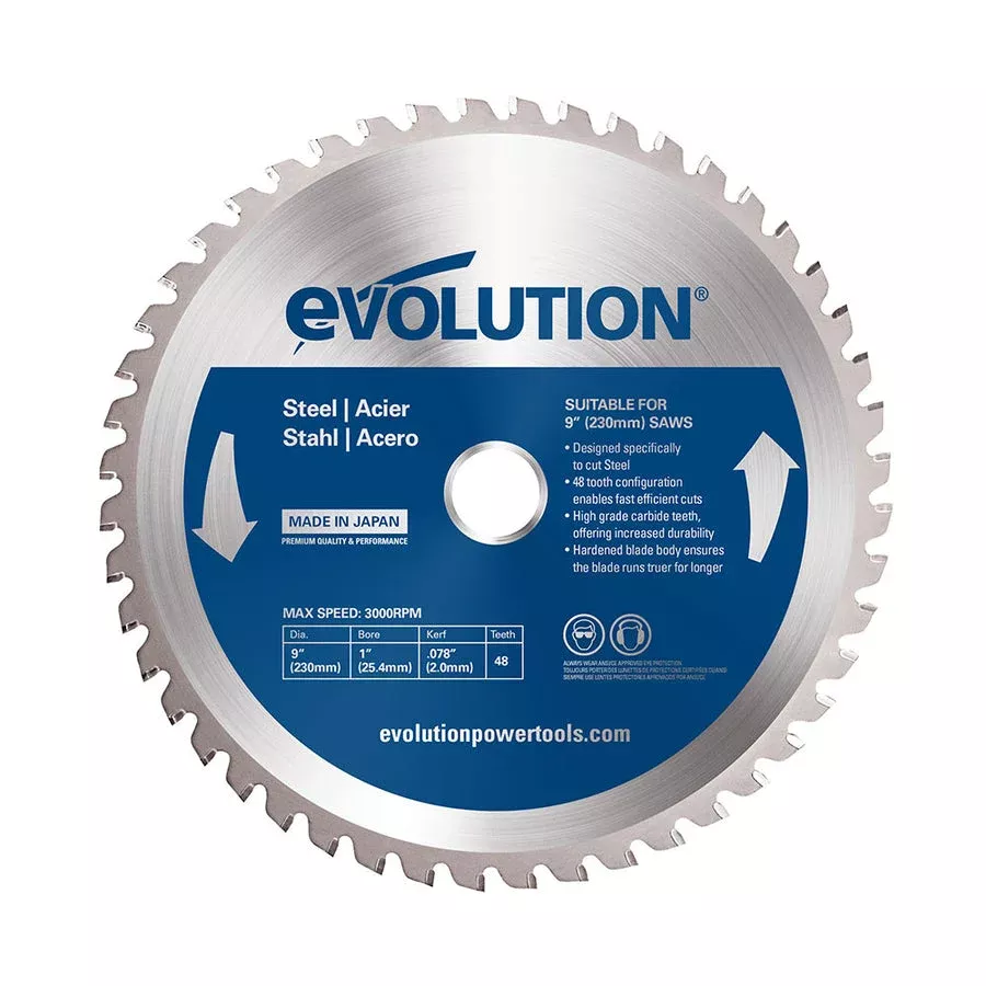 EVOLUTION 9" 48T, 1" Arbor, Tungsten Carbide Tipped Mild Steel & Ferrous Metal Cutting Blade