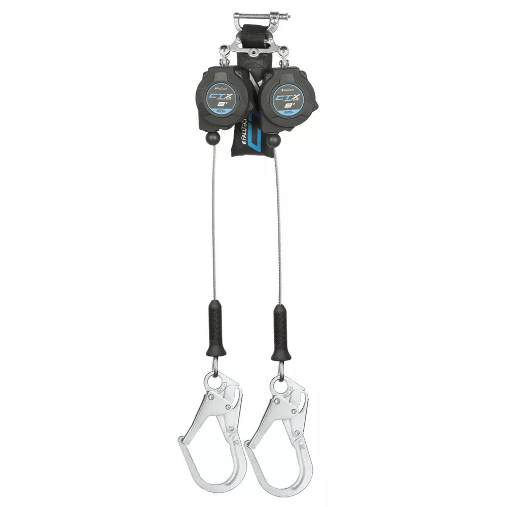 FallTech 8' CTX Cable Class 2 Leading Edge Personal SRL-P, Twin-leg w/ Steel Rebar Hooks 83208TP3