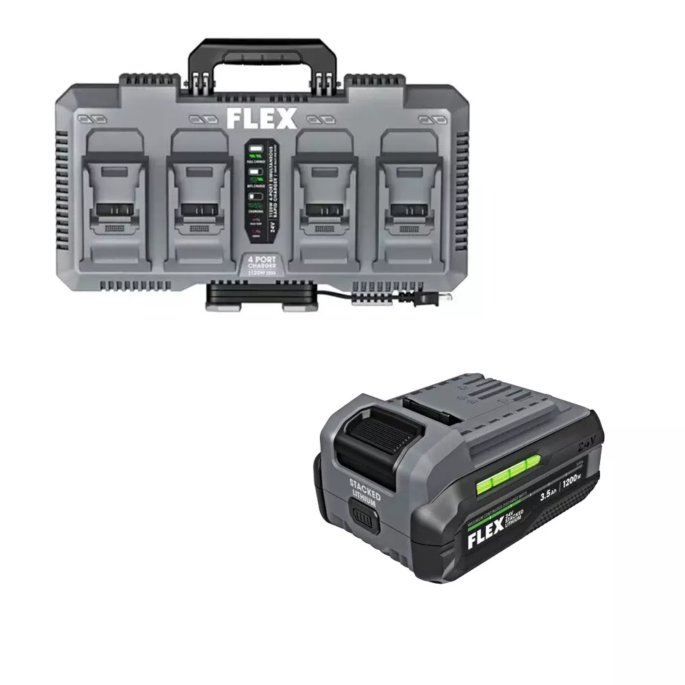 FLEX 24V 4-Port Simultaneous Rapid Charger & (4) 24V 3.5Ah Stacked Lithium Batteries FX0451-Z & FX0321-1