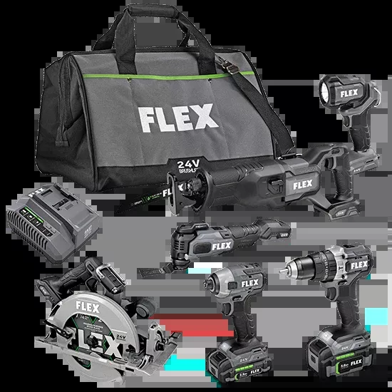 Flex Tools Hammer Drill, Impact Driver, 7-1/4" Circular Saw, Oscillating Multi-Tool, Reciprocating Saw and Work Light Combo Kit FXM601-2B