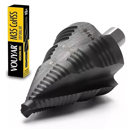 Four Spiral Flute Cobalt Step Drill Bit, 1/4" - 1-3/8" M35 TiAlN Coating Impact Ready Unibit Step Drill Bit, Tri-Flat Shank Shank Step Bit for Metal, Stainless Steel, Aluminum, Plastic