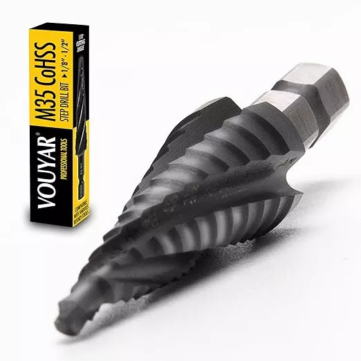 Four Spiral Flute Cobalt Step Drill Bit, 1/8" - 1/2" M35 TiAlN Coating Impact Ready Unibit Step Drill Bit, 1/4" Hex Shank Step Bit for Metal, Stainless Steel, Aluminum, Plastic
