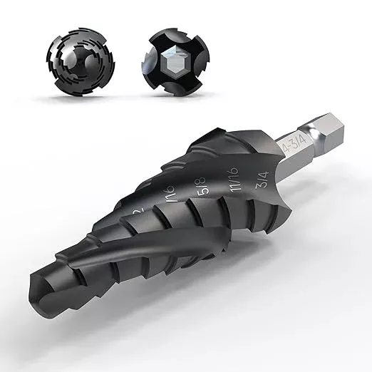 Four Spiral Flute Step Drill Bit, 1/4" - 3/4"(9 Sizes) 1/4" Hex Shank Cobalt Step Drill Bit Fully Coated with TiAlN for Metal, Stainless Steel, Aluminum, Plastic