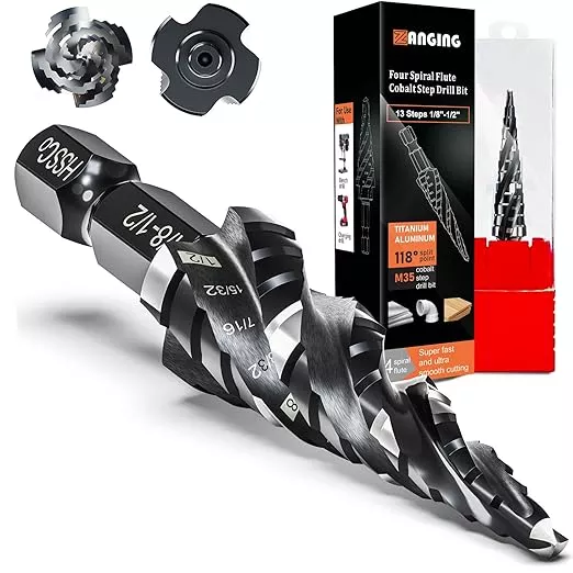 Four Spiral Flute Step Drill Bit for Metal,M35 Cobalt Unibit Step Drill Bit Set 1/8"-7/8" (3 pcs),Wear-Resistant AlTiN Coated,1/4" Hex Shank for Metal, Stainless Steel, Aluminum, Plastic