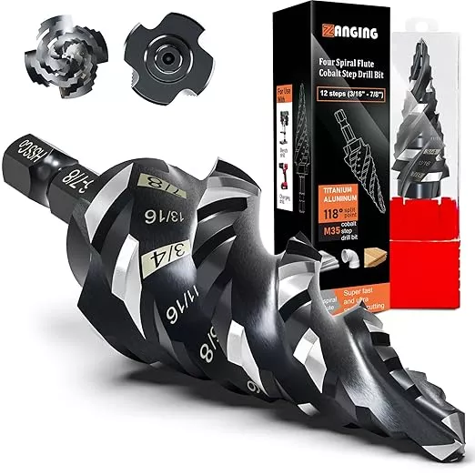 Four Spiral Flute Step Drill Bit for Metal,M35 Cobalt Unibit Step Drill Bit Set 3/16"-1/2"(6 Sizes),Wear-Resistant AlTiN Coated,1/4" Hex Shank for Metal, Stainless Steel, Aluminum, Plastic