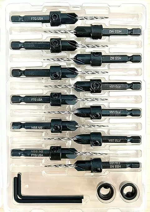 FTG USA Countersink Drill Bit Set for Wood with Tapered Drill Bit 12 Pc #4 (7/64")