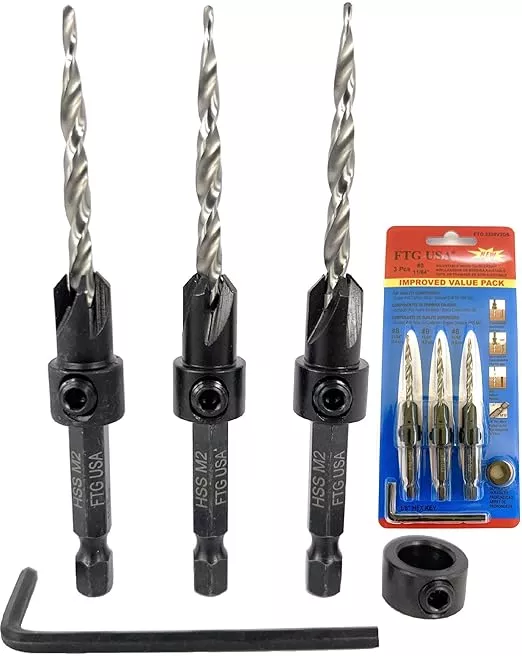 FTG USA Countersink Drill Bit Set for Wood with Tapered Drill Bit 3 Pc #8 (11/64")