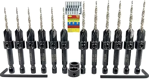 FTG USA Countersink Drill Bit Set for Wood with Tapered Drill Bit 6 Pc #4 (7/64"), 6 Pc #6 (9/64")