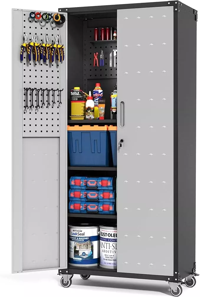 Garage Metal Storage Cabinet with Pegboard, 71'' Tall Storage Cabinet with Adjustable Shelves and Doors, Rolling Tool Cabinet on Wheels for Garage, Utility Room (Black & Grey)