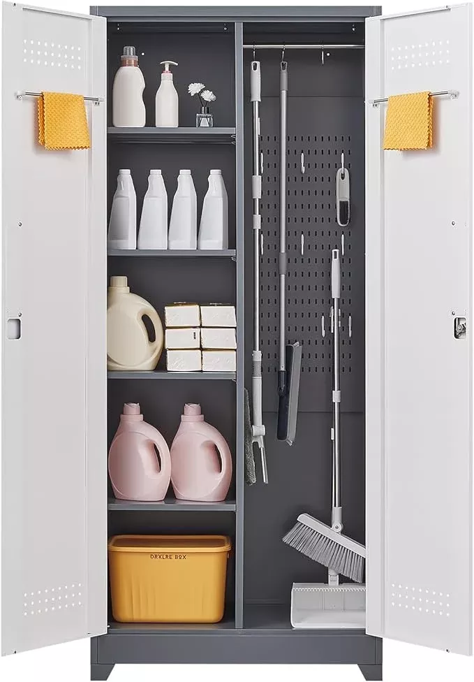 Garage Storage Cabinet,Broom Closet with Lock,Locking Cabinets with Hanging Rod & S-Hooks for School,Garage,Grey-White