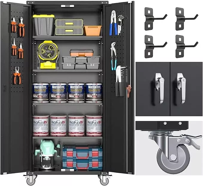 Garage Storage Cabinet with Wheels & Pegboard, 72" H Locking Metal Storage Cabinet with Doors and 4 Adjustable Shelves for Garage Workshop Home, Assembly Required, Black