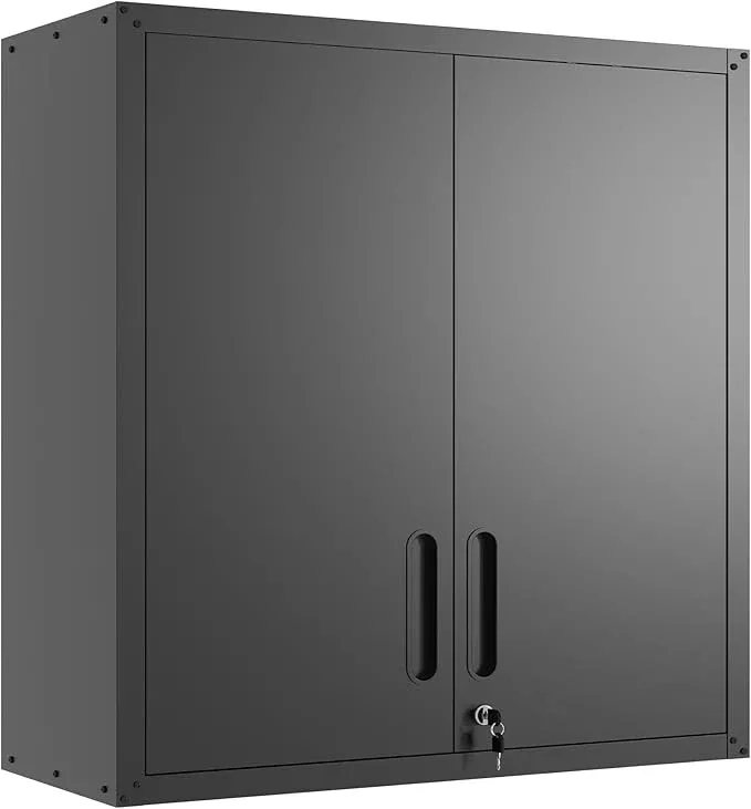 Garage Wall Cabinet with Doors and Shelves, Metal Wall Mounted Storage Cabinet with Lock, Hanging Tool Cabinet for Garage Utility Room, Black