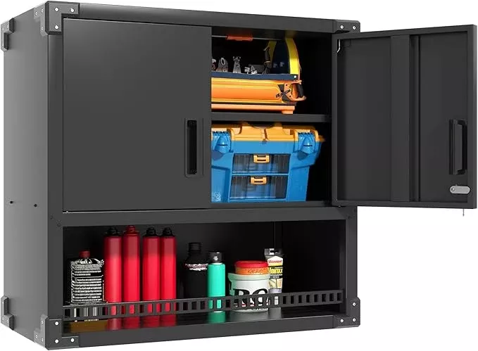 Garage Wall Cabinet with Doors and Shelves, Wall Mounted Metal Storage Cabinet with Open Storage, Lockable Hanging Tool Cabinet for Garage Utility Room, Black